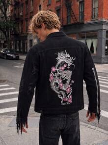 Manfinity EMRG Men's Single-Breasted Tassel Design Casual Daily Denim Jacket - Black - View 3