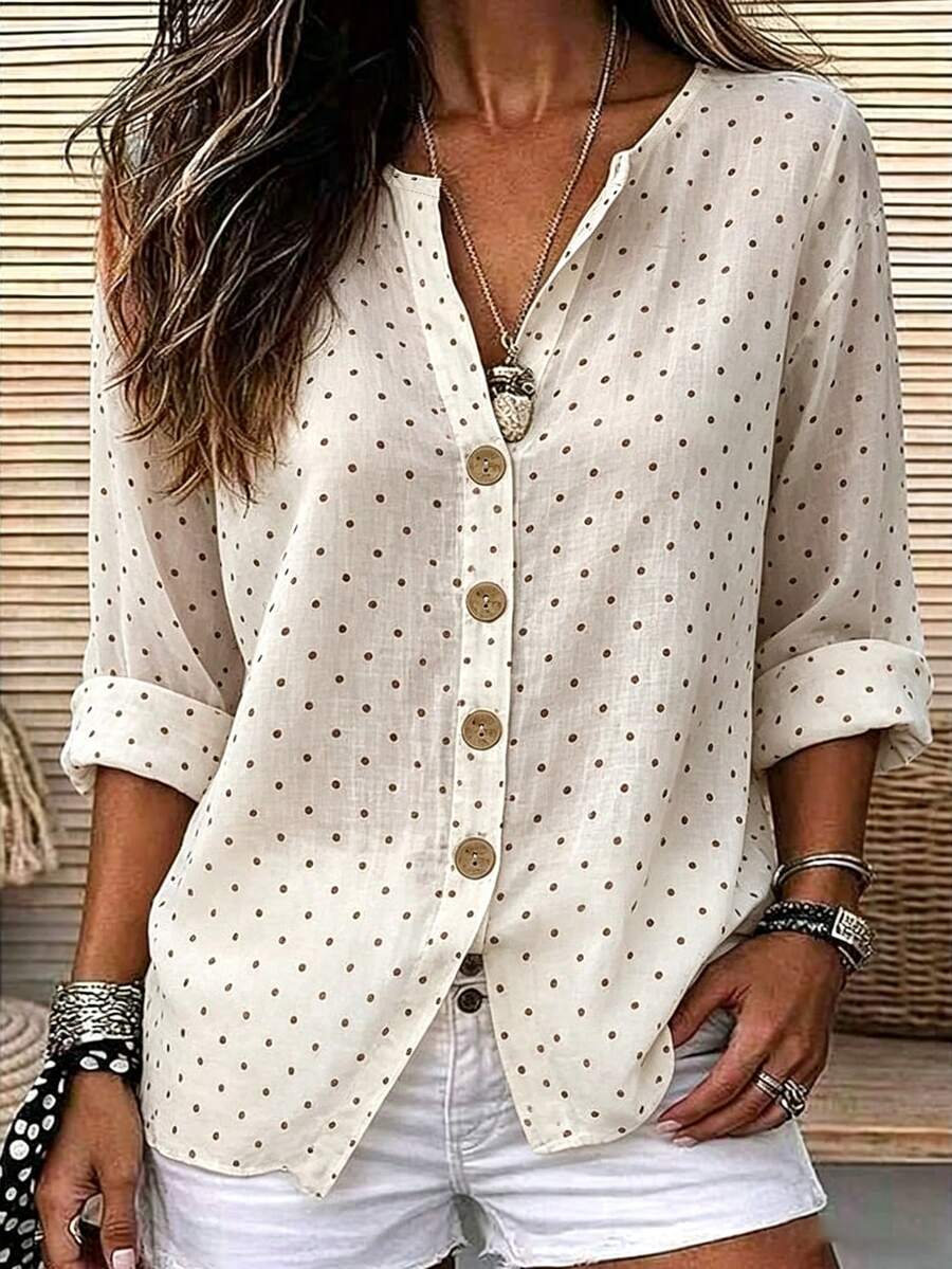 Breezaya Women's Casual Polka Dot Print Shirt For Vacation - Apricot - View 1