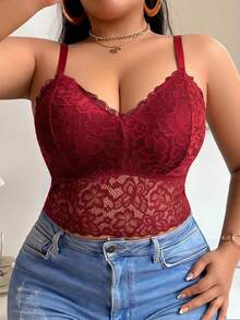 SHEIN 無線無墊性感大尺碼蕾絲內衣 - 紅色 - 查看 5