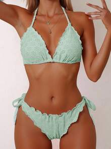 Vivid Eden Set Pakaian Renang Bikini Seksi Wanita Musim Panas untuk Pantai, Warna Polos, dengan Hiasan Ruffle dan Tali Leher. - Hijau - View 6