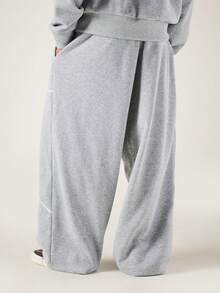 SUMWON Wide Leg Sweatpants With Leopard Print New York Applique Contrast Piping Elasticated Drawstring Waist Fleece Jogger Bottoms - Grey - View 3