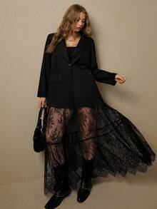 Freevana Plus Size Women Elegant Black Long Sleeve Suit Jacket And Sheer Lace Maxi Skirt Two Pieces Set Outfits Fall - Black - View 5