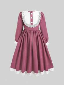 Tween Girl 秋季粉色校服洋裝，蕾絲飾邊拼接彼得潘領收腰 A 字裙長洋裝，隱形拉鍊，適合小學與國中返校及校外教學穿搭 - 粉色 - 查看 14