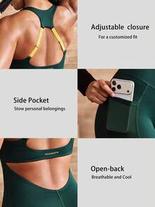 Powerista Women's Summer Color-Block (Green And Yellow) Halter-Neck Backless Fitted Athletic Romper With Side Pockets-Suitable For Workouts. - Dark Green - View 4