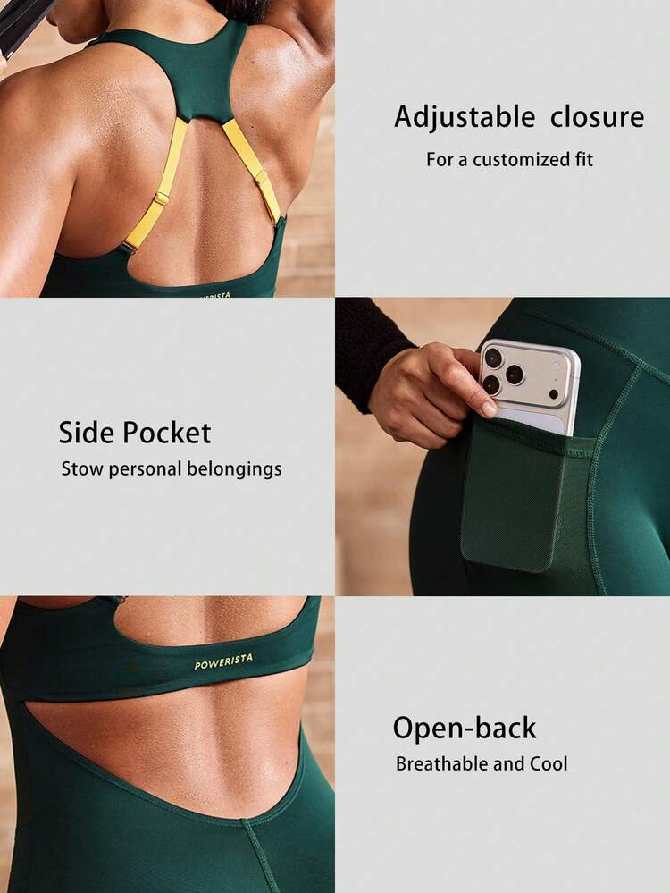 Powerista Women's Summer Color-Block (Green And Yellow) Halter-Neck Backless Fitted Athletic Romper With Side Pockets-Suitable For Workouts. - Dark Green - View 4