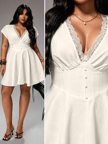Rustia Plus Size Summer Women Outfit Spring Vacation Elegant New French Sweet Cute Hollow Texture Fabric Lace Trim Puff Sleeve V-Neck Dress Date Night Formal - Apricot - View 1