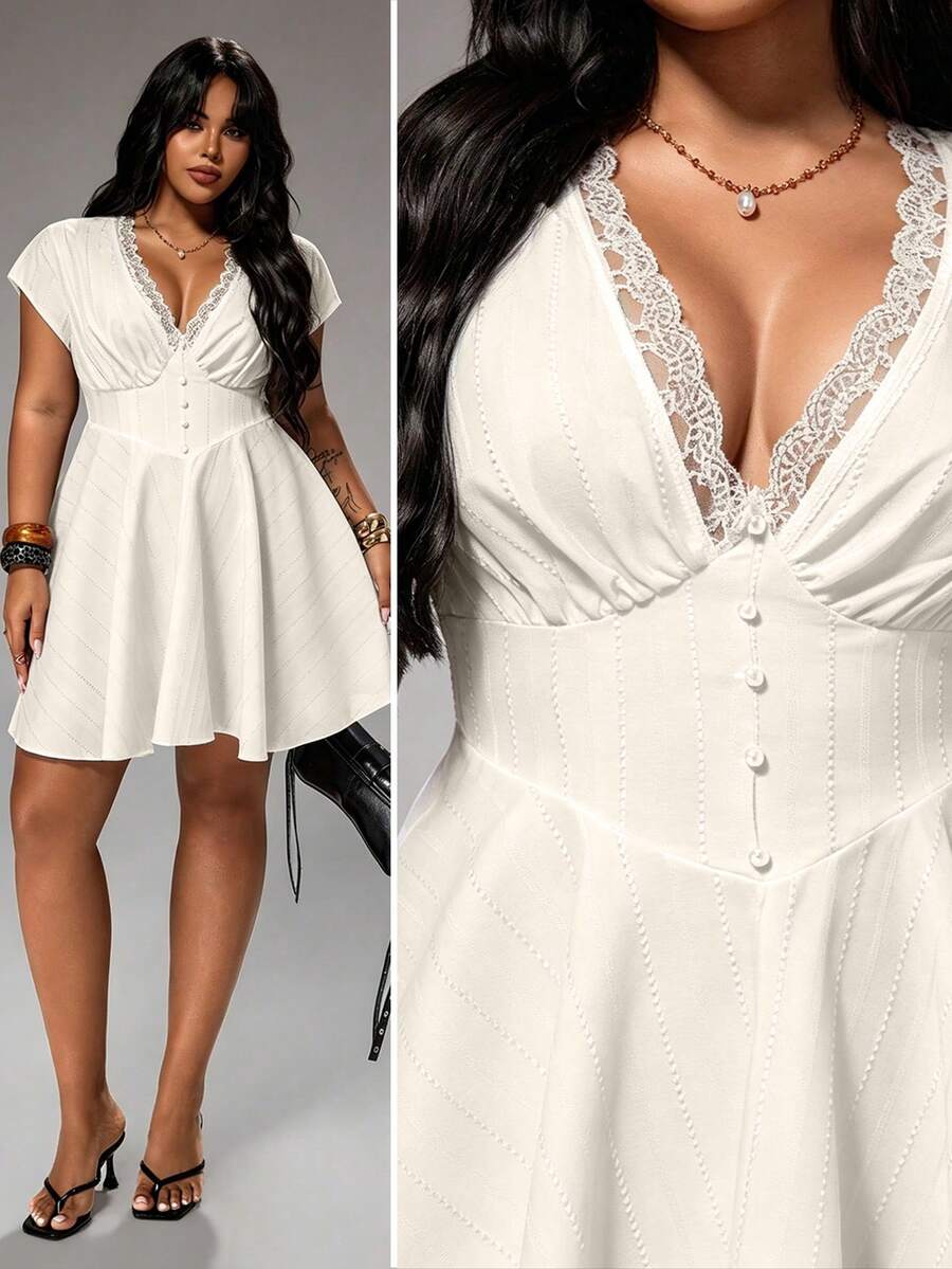 Rustia Plus Size Summer Women Outfit Spring Vacation Elegant New French Sweet Cute Hollow Texture Fabric Lace Trim Puff Sleeve V-Neck Dress Date Night Formal - Apricot - View 1