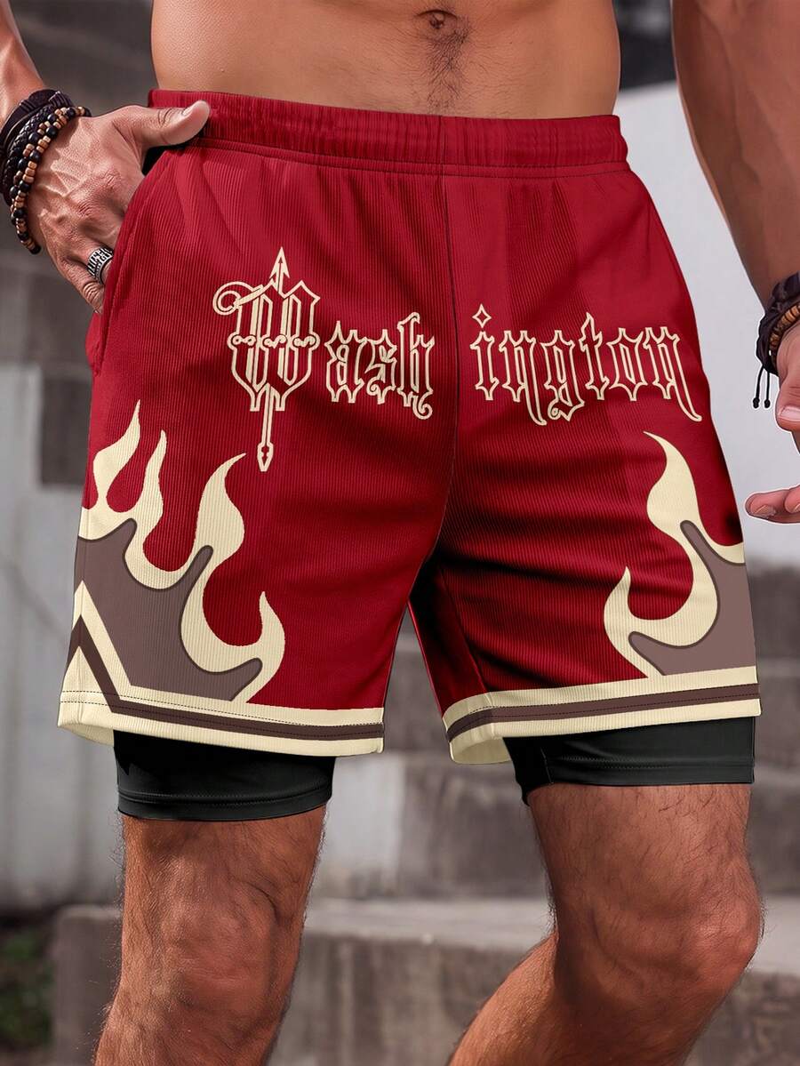 Gritte Field Vintage Gothic Flame Graphic Double Layer Shorts For Men, Ribbed Textured Outer Short, Anti-Rub Inner Liner, Contrast Hem Trim Drawstring Waist Pocket - Multicolor - View 1