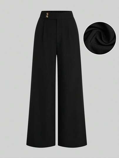 SHEIN LUNE CURVE Plus Size Women's Solid Color High Waist Pleated Wide Leg Loose Pants, Exquisite And Elegant Style Fall Cloth For Women