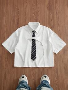 SWAVVY 男士夏季休閒領結裝飾襯衫 - 白色 - 查看 1