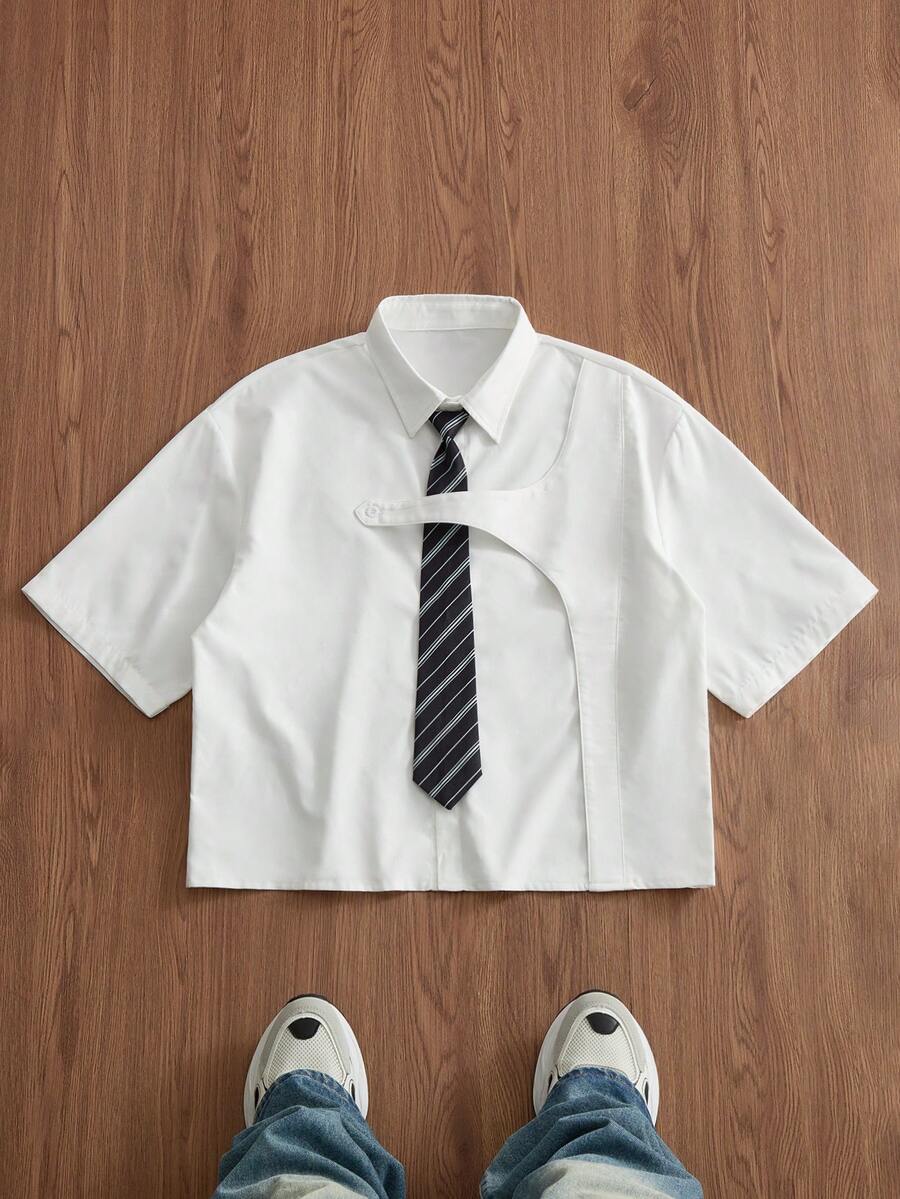 SWAVVY 男士夏季休閒領結裝飾襯衫 - 白色 - 查看 1