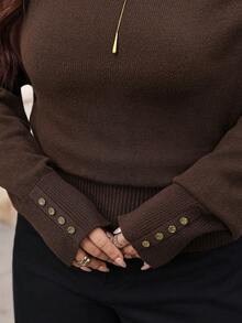 SHEIN Clasi Plus Size Women's Pullover Sweater Winter Elegant Asymmetrical Shoulder Cinched Cinched Waist Metal Button Decor - Coffee Brown - View 7