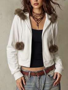 Franclia Solid Color Faux Fur Patchwork Hooded Zip-Up Long Sleeve Jacket - White - View 1
