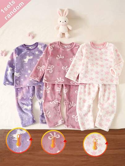 (Blind Box 3 Sets, Randomly Send 1 Set) Girls Toddler 2-Piece Set Round Neck Long Sleeve Long Pants Outfit Pink White Purple Cute Star Unicorn Bow Heart Print Casual Comfortable Soft Sweet Indoor Home Wear Pajamas Winter