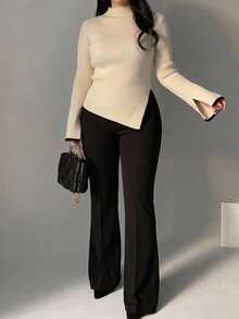 Dazy Plus Plus Size Colorblock Patchwork Flared Sleeve Split Hem Fitted High Neck Casual Sweater For Autumn/Winter - Apricot - View 3