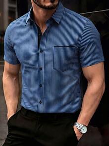 Calvornis Men's Business Striped Pocket Single-Breasted Short Sleeve Shirt - Multicolor - View 1