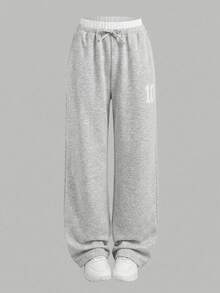 SHEIN Tween Girls' Solid Color Straight Leg Casual Knit Pants Vacation Suitable For All Seasons - Spring, Summer, Autumn, Winter - Light Grey - View 1