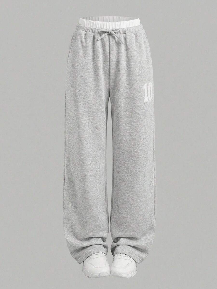 SHEIN Tween Girls' Solid Color Straight Leg Casual Knit Pants Vacation Suitable For All Seasons - Spring, Summer, Autumn, Winter - Light Grey - View 1