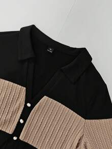 GlowEve CURVE Women's Fashion Elegant Long Sleeve Turn Collar Colorblock Button T-Shirt, Suitable For Daily Commute And Home Wear - Black - View 6