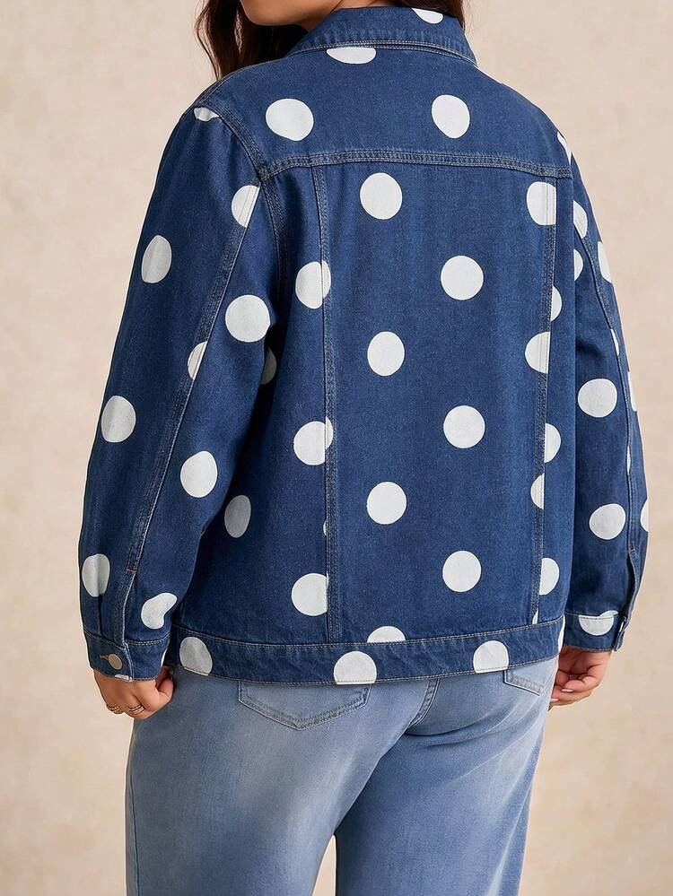 SHEIN LUNE Plus Size Polka Dot Print Denim Top Going Out Tops - Medium Wash - View 2