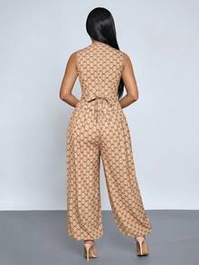 SOLERSUN Women's Old Money Aesthetic Geometric Print V-Neck Waistcoat & Lantern Pants With Pockets Suit - Khaki - View 2