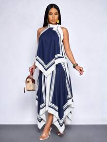 SOLERSUN Women's Striped Asymmetrical Hem Casual Halter Neck Blouse - Blue and White - View 4