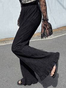 DAZY Women's Fashion Versatile Textured Elastic Waist Ruffle Hem Long Pants - Black - View 5