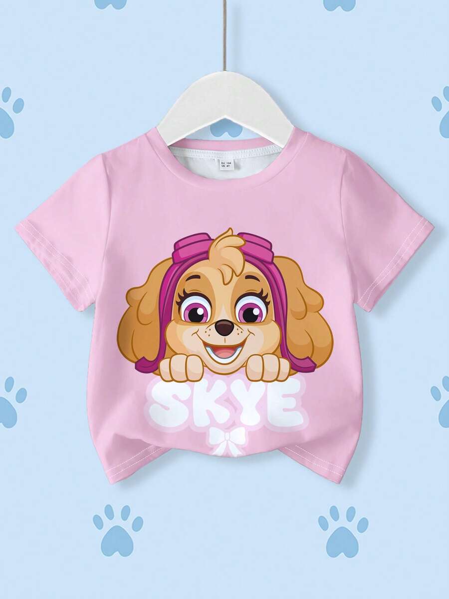 SHEIN | PAW Patrol 女童可爱小狗印花圆领短袖T恤，夏季 - 白色 - 查看 1