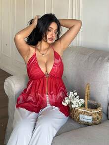 SHEIN CURVE+ 大码深V领细肩带露背吊带衫 - 紅色 - 查看 6