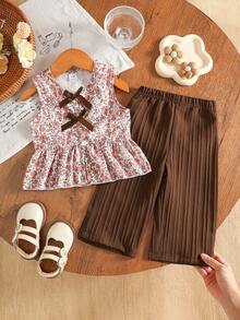 SHEIN Vintaside Kids 2件組女嬰幼兒/新生兒 0-3歲 春夏休閒甜美日常度假條紋梭織無袖背心上衣寬腿褲兩件套 - 咖啡棕 - 查看 5