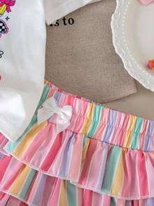 Emery Rose Kids 女童小女孩針織純色圖案圓領休閒T恤與荷葉邊下擺短褲2件套 開學季 - 粉色 - 查看 5