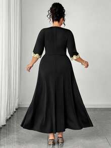 Elenzga Elegant Gold Trim V-Neck Cinched Waist Short Sleeve Plus Size Women's Dress - Black - View 2