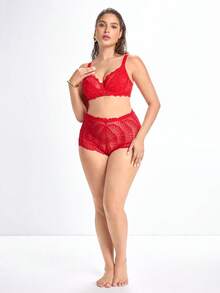 Slumbrini 1件女款大尺碼蕾絲拼接舒適鋼圈內衣 紅色 - 紅色 - 查看 8