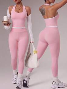 Sweetra 2pcs Solid Color Tank Top & Cropped Women's Sports Set - Pink - View 3
