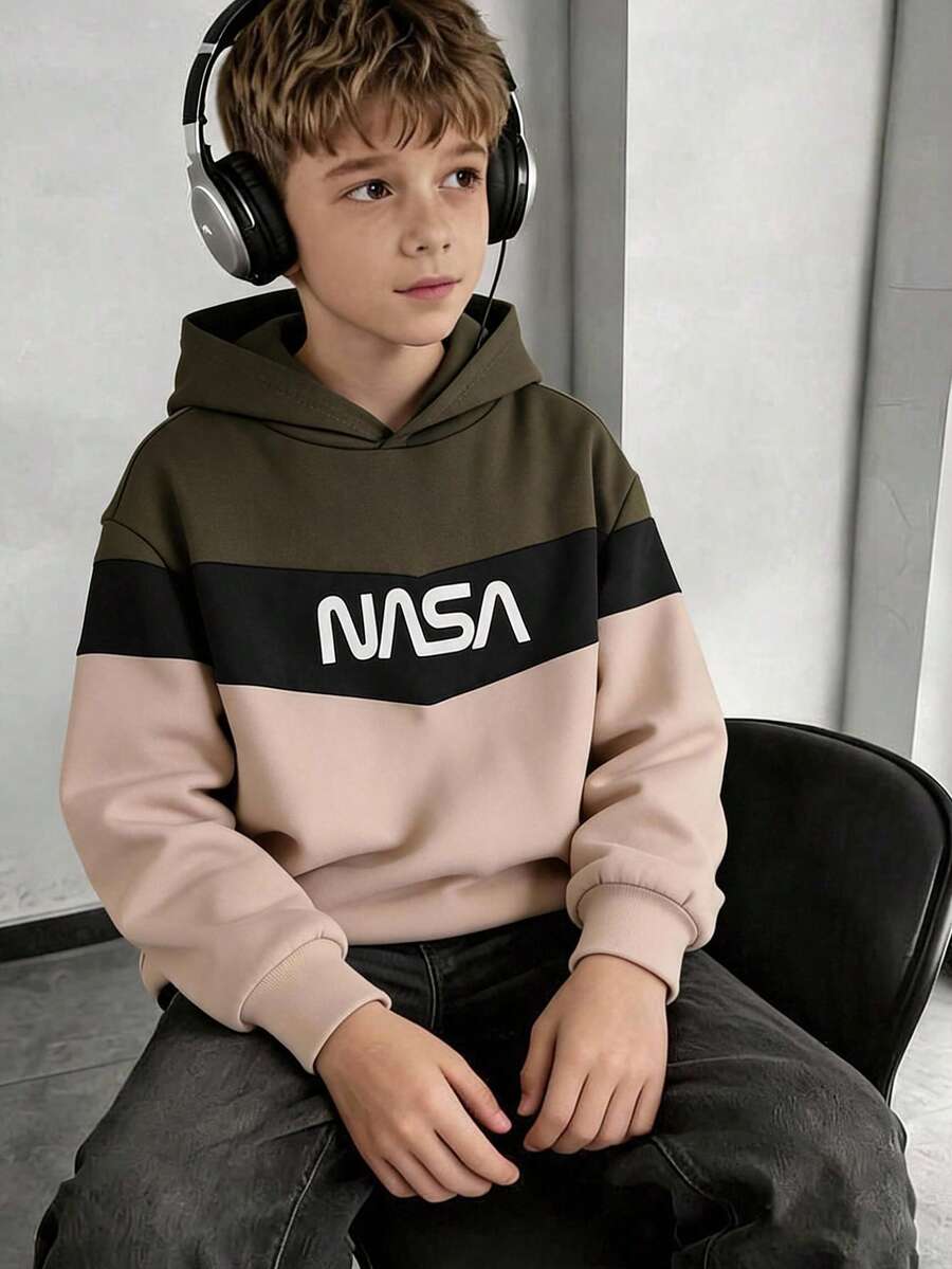 SHEIN Tween Boy Contrast Color Drop Shoulder Sweatshirt Long Sleeve Casual Sweatshirt, Autumn/Winter - Multicolor - View 1
