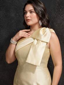 MOTF PREMIUM PLUS SIZE WOMEN'S SPRING/SUMMER BOW ONE-SHOULDER PARTY DRESS - Yellow - View 4