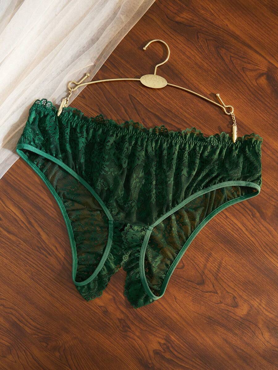 Seduluxe 1pc Plus Size Women's Lace Open Crotch Sexy Panties - Dark Green - View 1