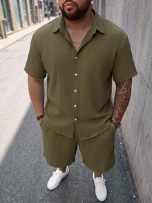 Sorvial Plus Size Men's Solid Color Short Sleeve Shirt And Shorts Casual Set, Holiday - Army Green - View 5