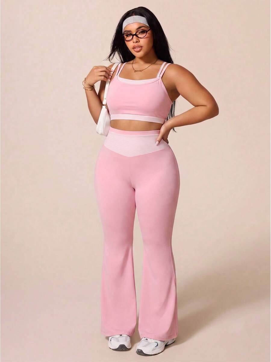 SHEIN Rhythm Era Plus Size Women's Spring/Summer Sports Set, Patchwork Polka Dot Print Sports Bra Removable Padding, Mid-Waist Sports Shorts, Gym Light Pink - Pink - View 1