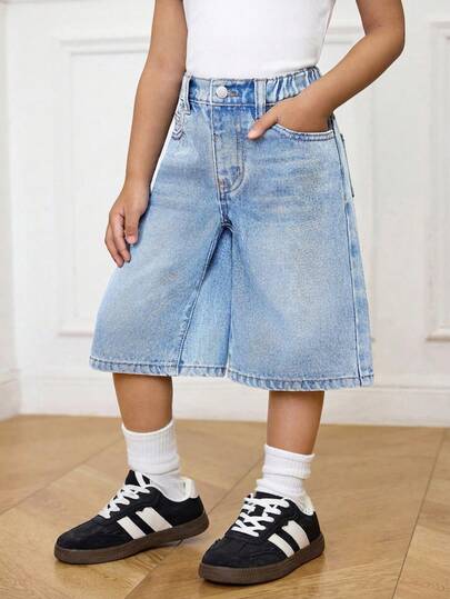 SHEIN Young Girl Y2K Basic Relaxed Blue Denim 3/4 Pants, Kid Girls Spring And Summer Casual Vacation Country Boho Wear, Beach For Kid Girls, Western Street Wear For Girl, Spring Break , Rave Festival Denim Middle Pants
