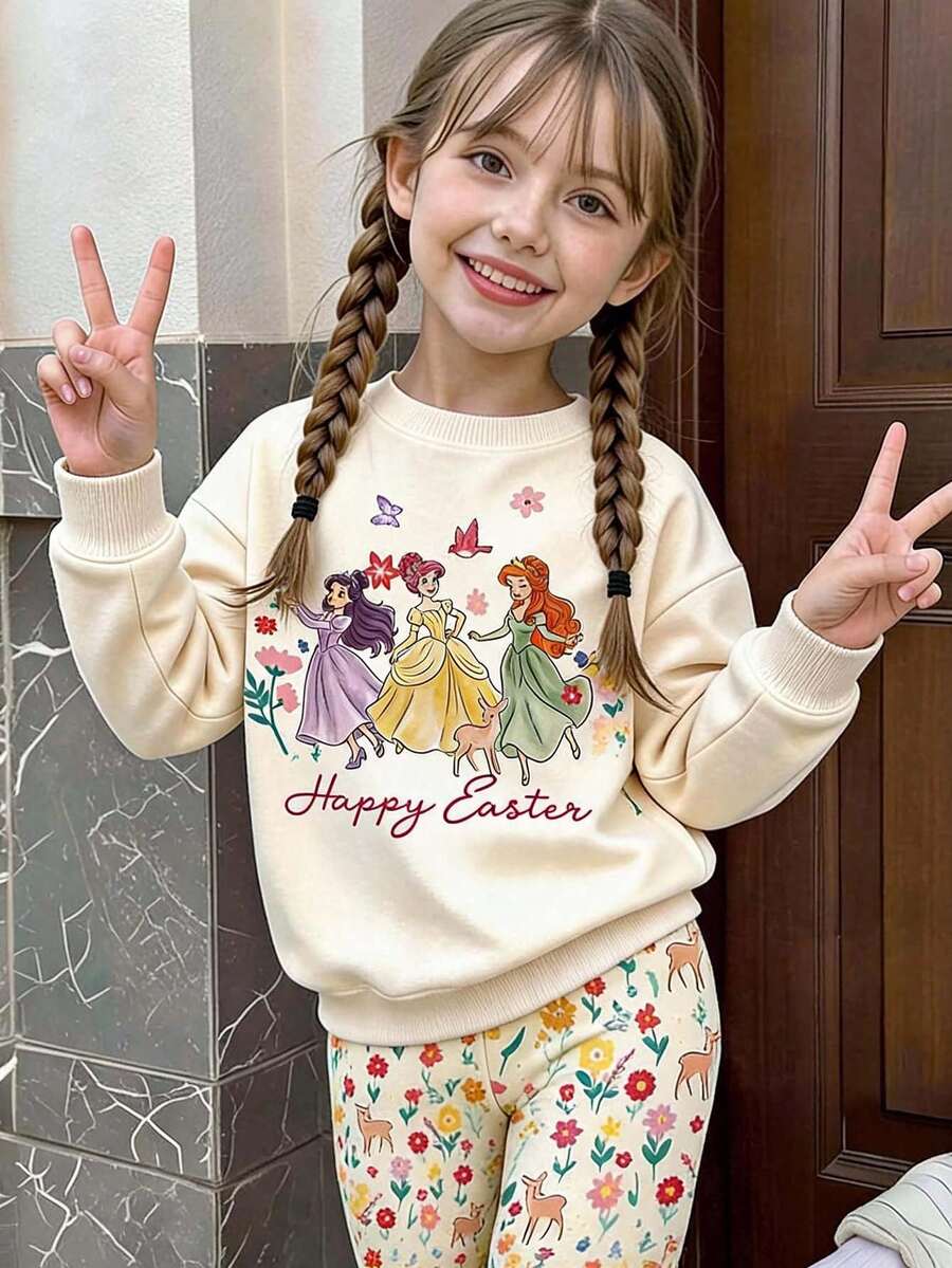Girls' White Fleece Crew Neck Sweatshirt & Long Leggings Set, Sample Blank - Multicolor - View 1