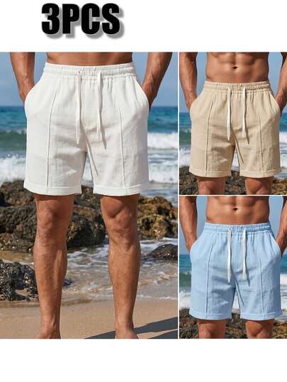 Men's Solid Color Drawstring Waist Pocket Casual Vacation Shorts