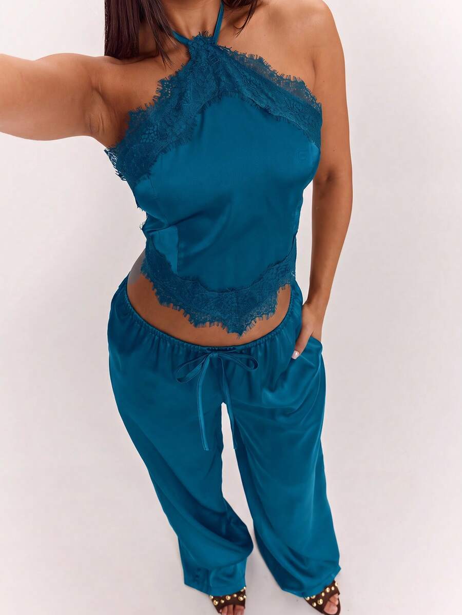 SHEIN BAE Conjunto de top halter sin espalda con patchwork de encaje y pantalones - Agua verde azul - Ver 1