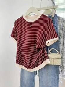 Resyla Women's Crew Neck Short-Sleeve T-Shirt With Color-Block Striped Print Casual Basic Style - Multicolor - View 1