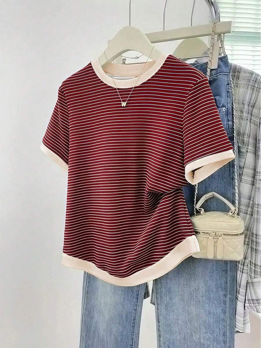 Resyla Women's Crew Neck Short-Sleeve T-Shirt With Color-Block Striped Print Casual Basic Style - Multicolor - View 1