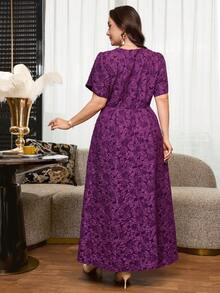Reflora Plus Size Women's Jacquard V-Neck Petal Short Sleeve Elegant Dress - Ginger - View 10