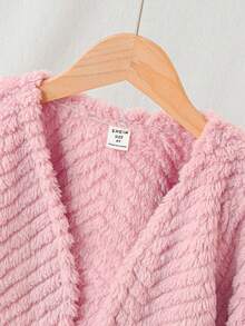 SHEIN Sparklyn 女童毛絨長袖開襟外套 秋季 - 粉色 - 查看 3