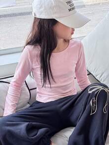 SHEIN 青少年女孩羅紋圓領彈性修身百搭簡約長袖T恤，舒適穿著 - 粉色 - 查看 1