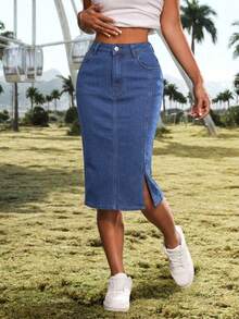 SHEIN ICON Women's Casual Denim Skirt With Side Slit Hem And Pockets - Dark Wash - View 3
