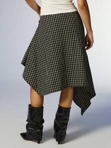 COUREZ Asymmetric Check Midi Skirt / Y2K Cute Skirts For Women Flowy Skirts Autumn Winter Outfits Fall Bottoms For Women Fall Clothes Autumn Outfits - Black - View 3